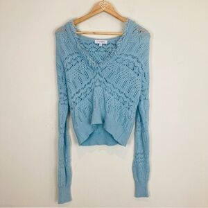 Intermix cashmere wool blend open knit pale blue hooded cardigan sweater. Small